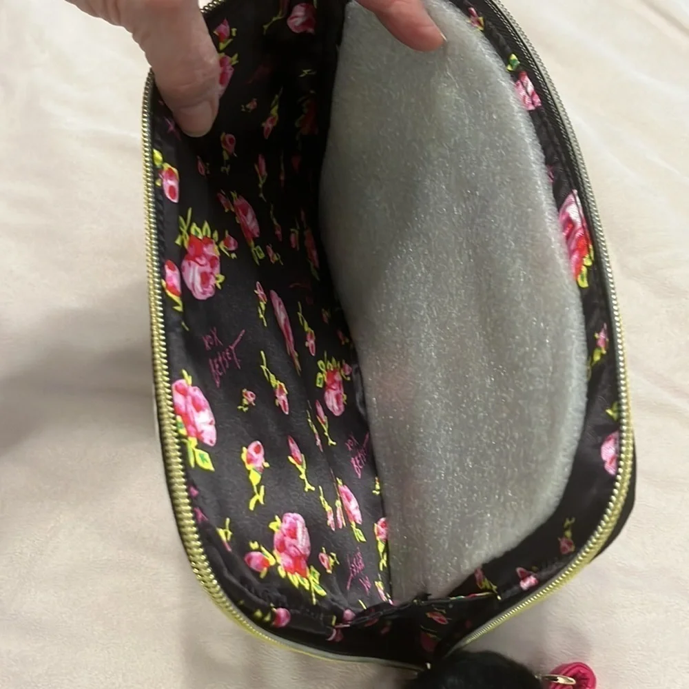 Betsy Johnson black and white striped sequined purse pink strap NWOT
